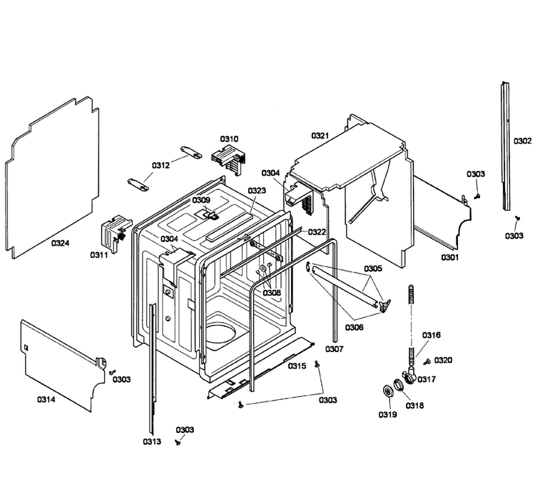 Cabinet Diagram and Parts List for SHE58C02UC 47 Bosch Dishwasher