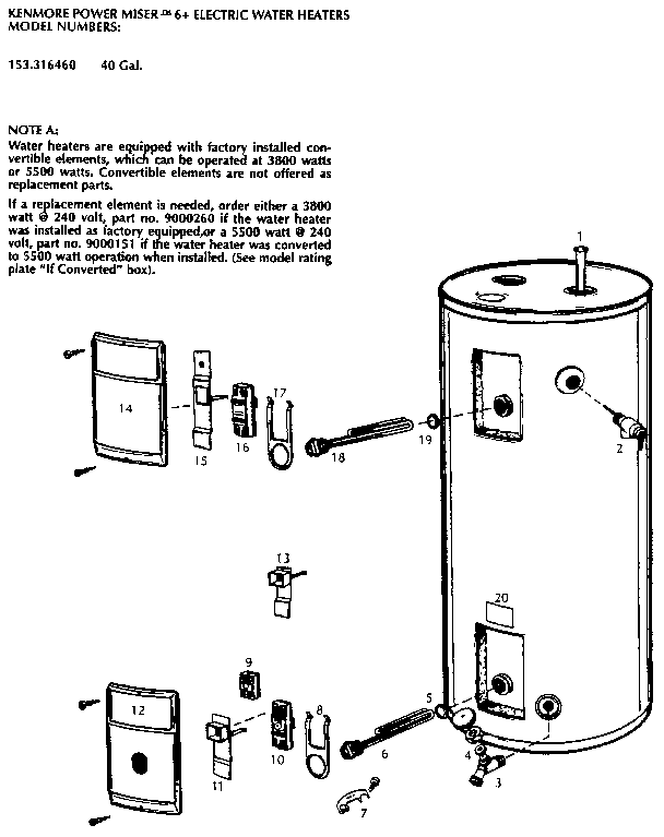 Replacement Parts Diagram and Parts List for 153316460  Kenmore Water Heater