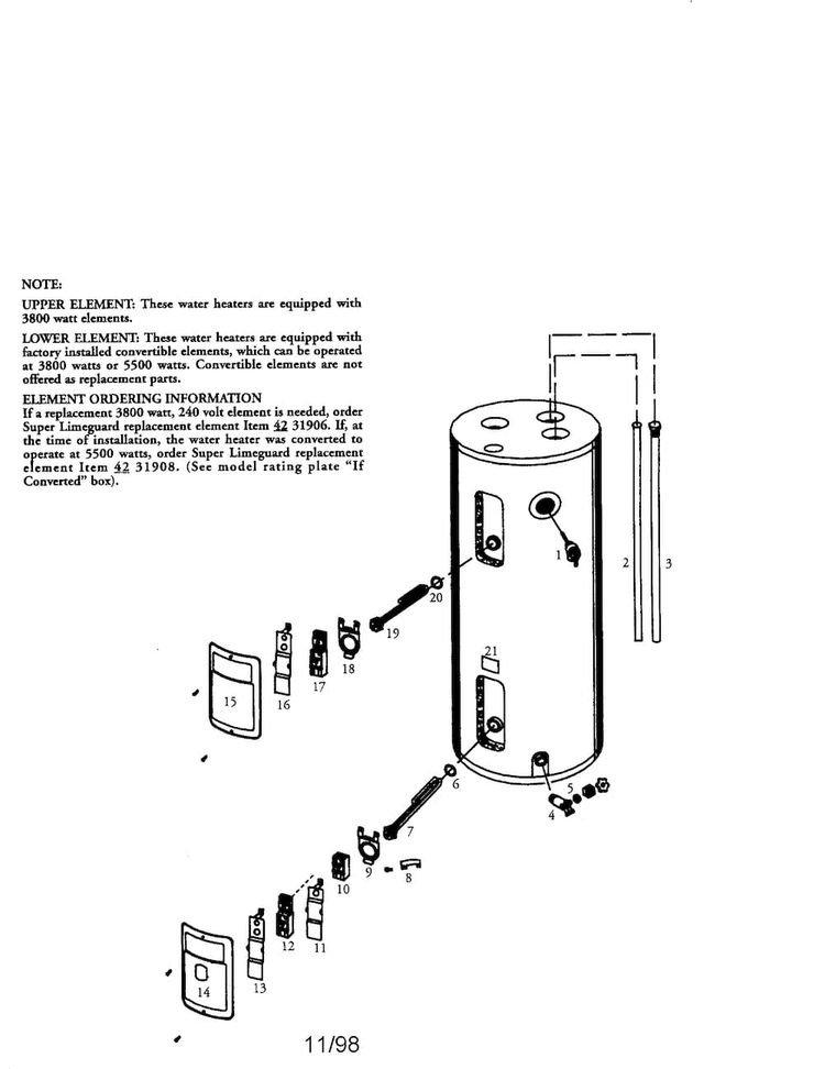 40 Gallon Electric Water Heater Diagram and Parts List for 153316452  Kenmore Water Heater
