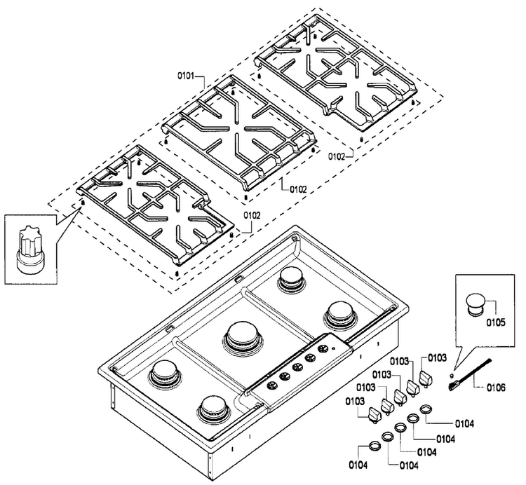 Grates Diagram and Parts List for NGM5624UC 03 Bosch Cooktop