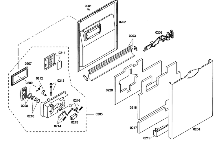 Door Assy Diagram and Parts List for SHE43F15UC 56 Bosch Dishwasher