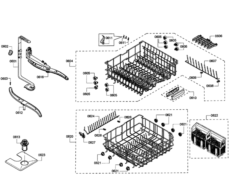 Baskets Diagram and Parts List for SHE43P12UC 61 Bosch Dishwasher
