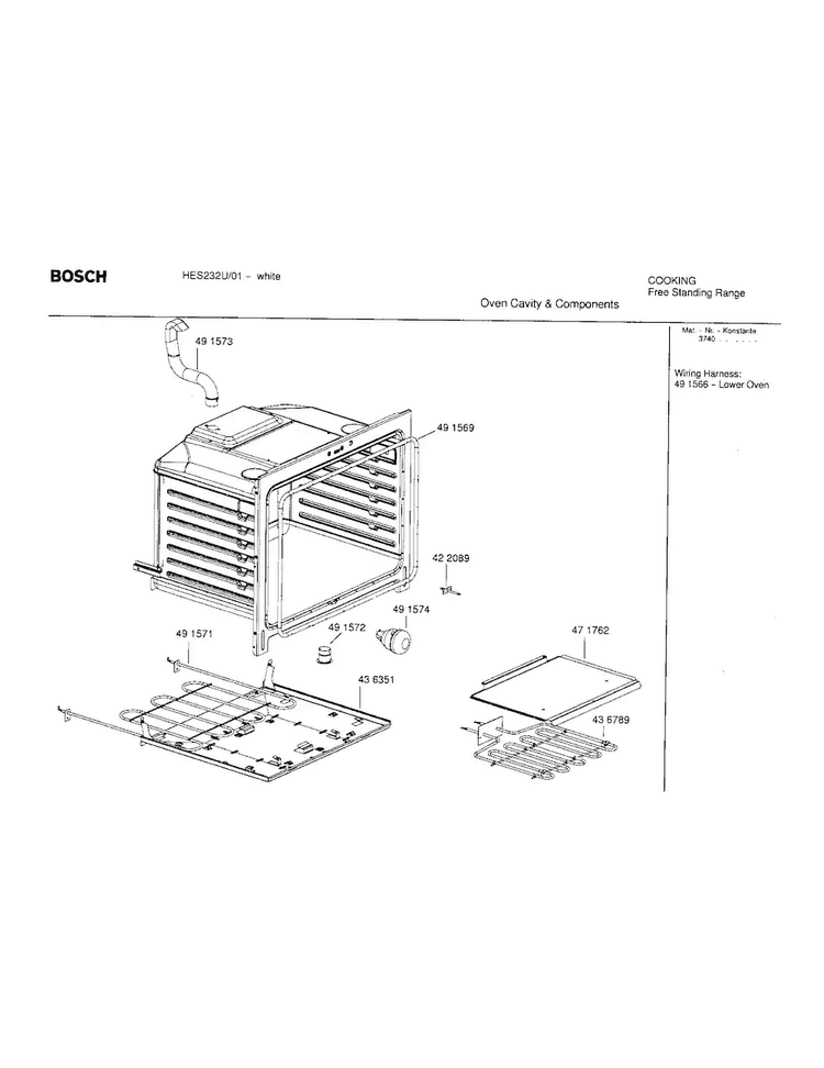 Oven Cavity Components Diagram and Parts List for HES232U 01 Bosch Range
