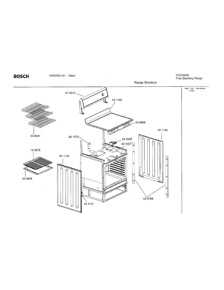Range Structure Diagram and Parts List for HES236U 01 Bosch Range