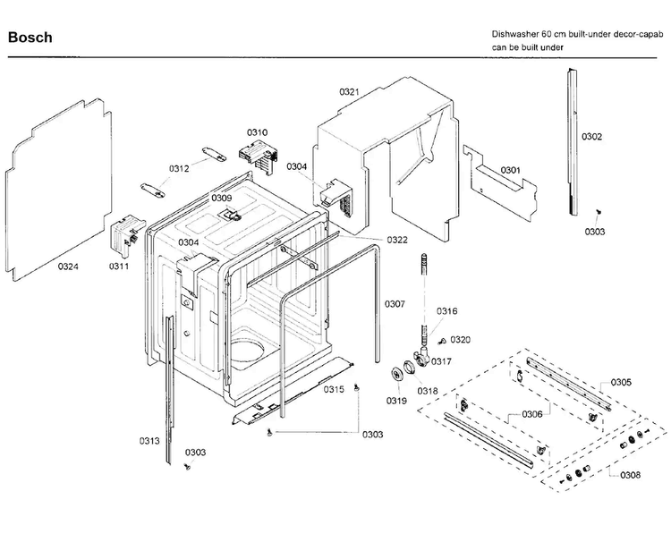 Frame Diagram and Parts List for SHE65P05UC 58 Bosch Dishwasher
