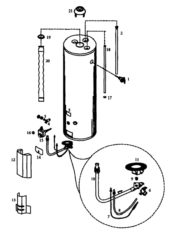 Main Assembly Diagram and Parts List for 153336312  Kenmore Water Heater