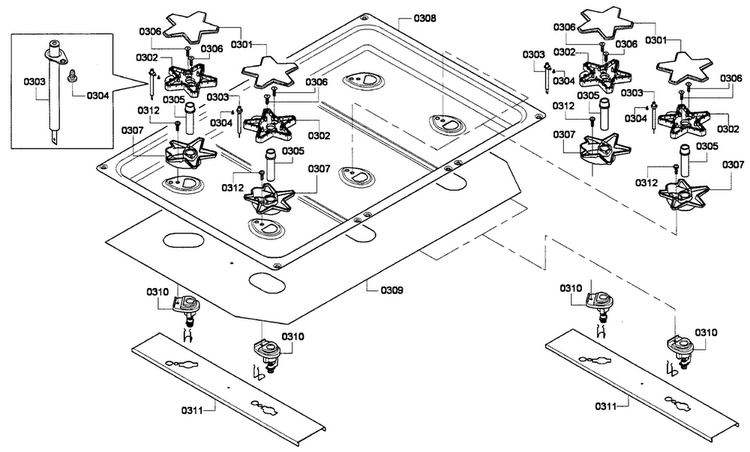 Burners Assy Diagram and Parts List for PRL366GH-01  Thermador Range