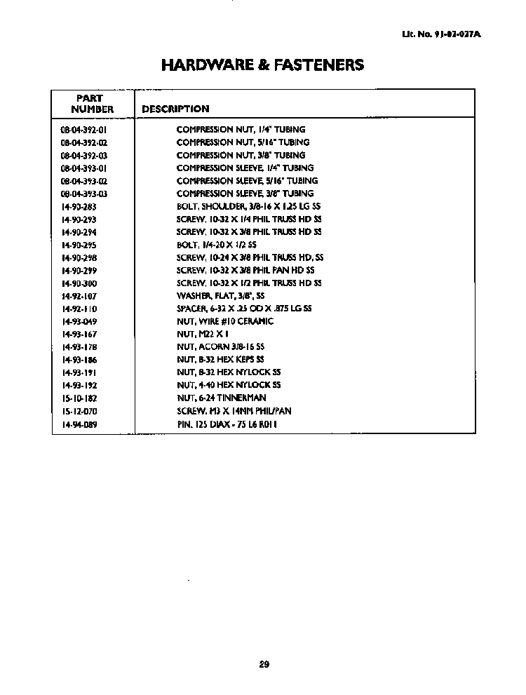 Hardware And Fasteners Diagram and Parts List for CGBD48RSBX  Thermador Grill