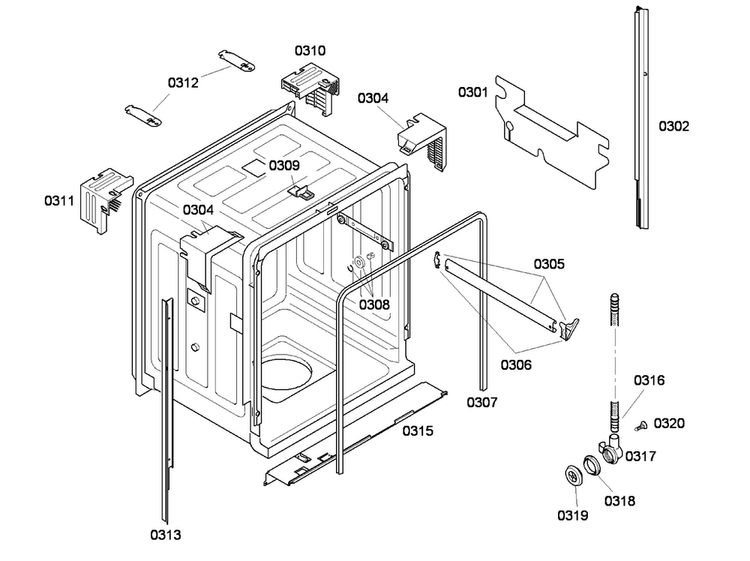 Cabinet Diagram and Parts List for SHE43F06UC 52 Bosch Dishwasher