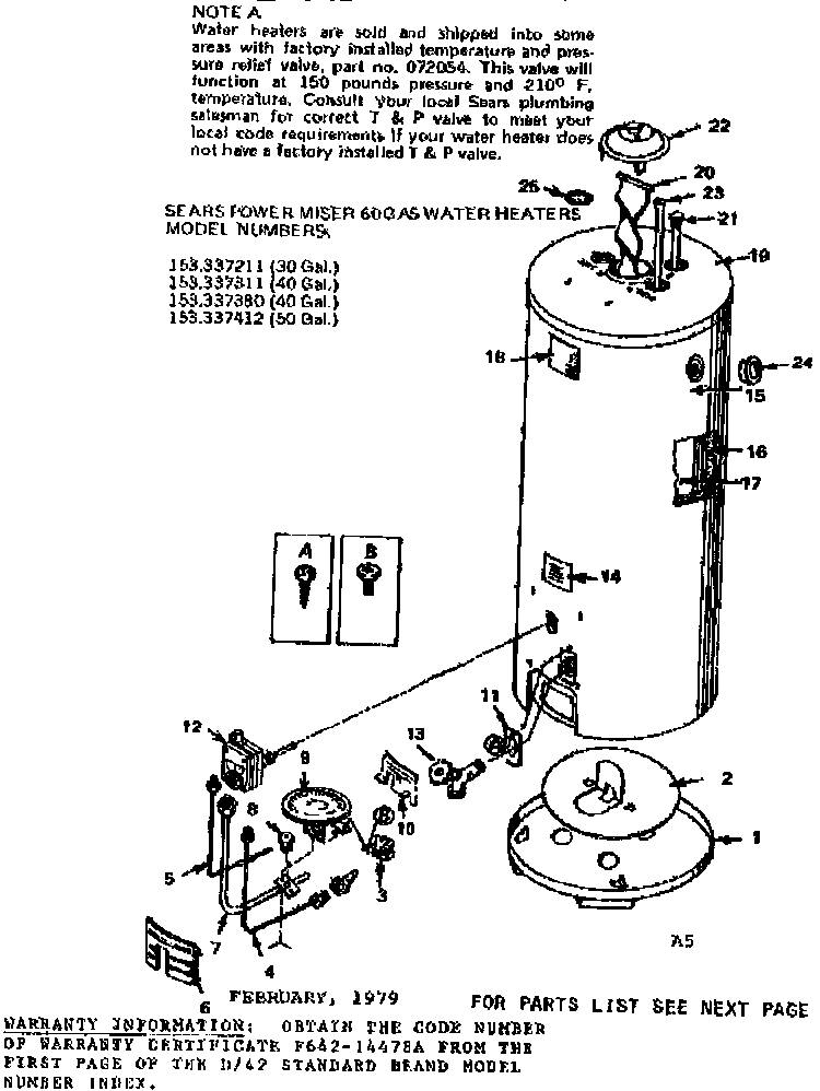Replacement Parts Diagram and Parts List for 153337211  Kenmore Water Heater
