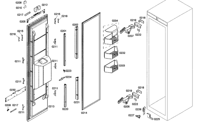 Door Assy Diagram and Parts List for B18ID80NRP 01 Bosch Freezer