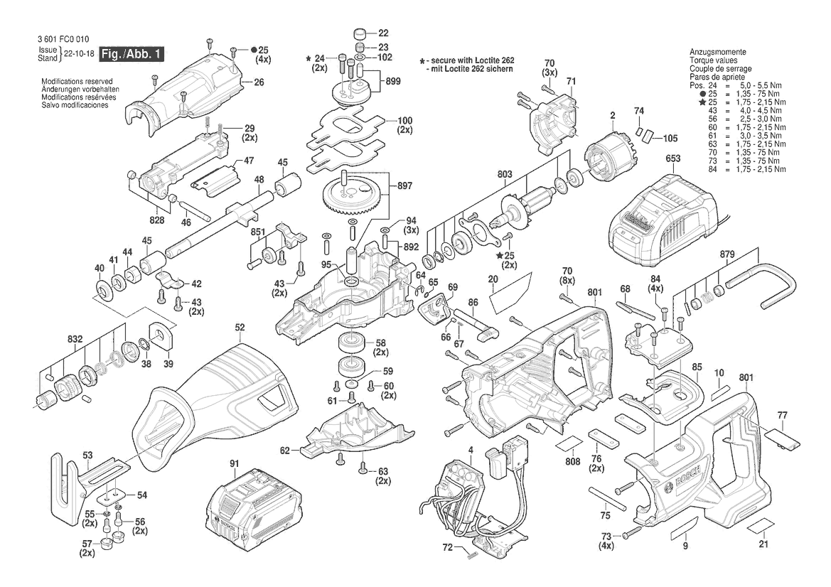 Figure 1 Diagram and Parts List for 3601FC0010 GSA18V-110 Bosch Reciprocating Saw