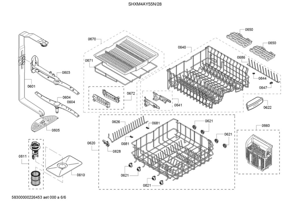 Spray Arms/Racks Diagram and Parts List for SHXM4AY55N 28 Bosch Dishwasher