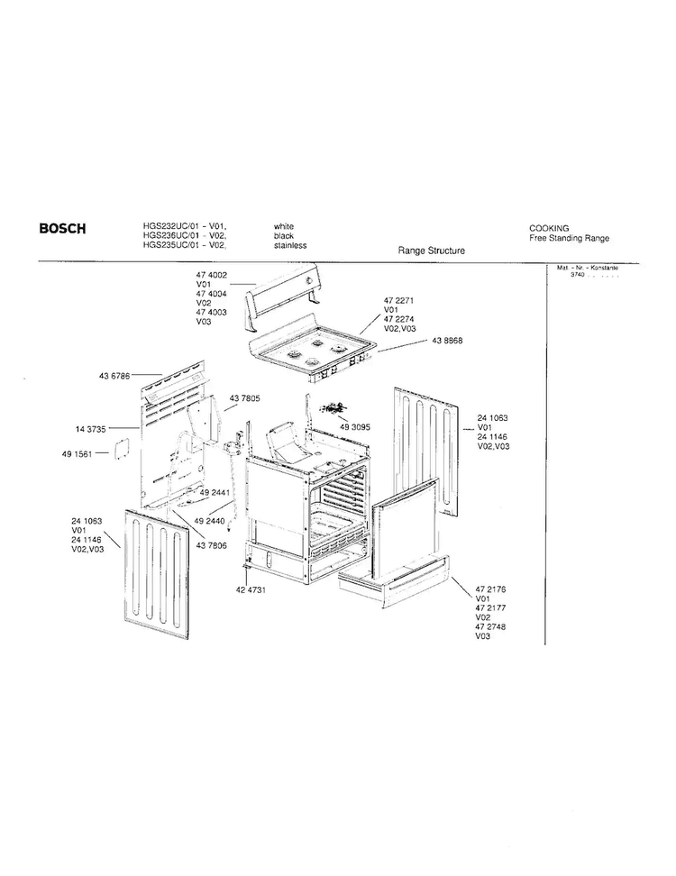Range Structures Diagram and Parts List for HGS235UC 01 Bosch Range