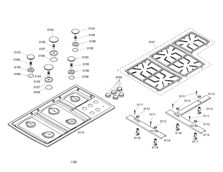 Grate/maintop/burner Cap/jet Holder Diagram and Parts List for NGT945UC 01 Bosch Cooktop