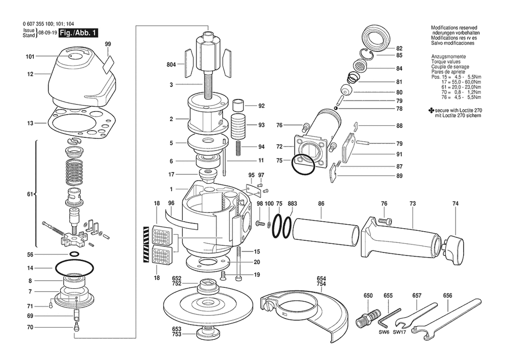 Section 1 Diagram and Parts List for 2500WWS 0607355100 Bosch Sander Grinder