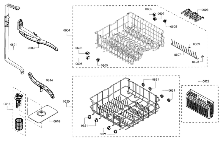 Rack Diagram and Parts List for SHE3AR55UC 21 Bosch Dishwasher