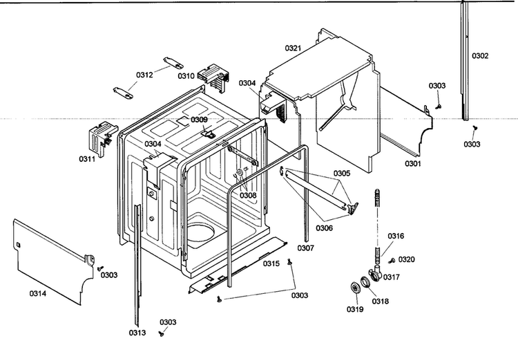 Cabinet Parts Diagram and Parts List for SHE45M02UC 48 Bosch Dishwasher