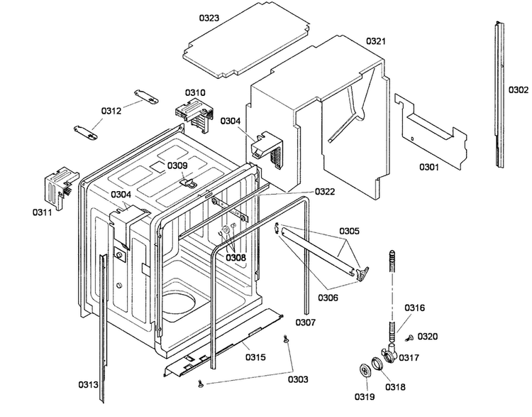 Cabinet Diagram and Parts List for SHX65P02UC 53 Bosch Dishwasher