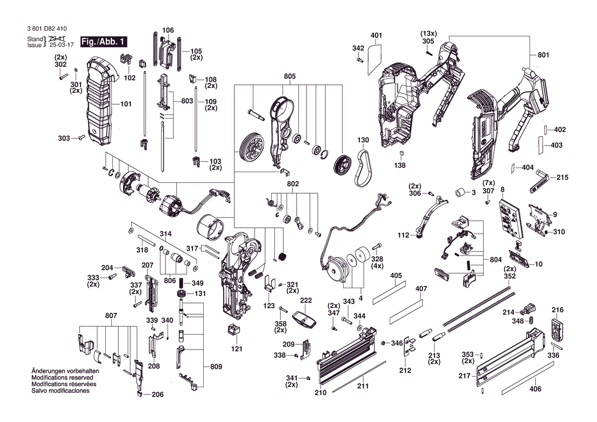 Figure 1 Diagram and Parts List for 3601D82410 GNH18V-18MN Bosch Nailer