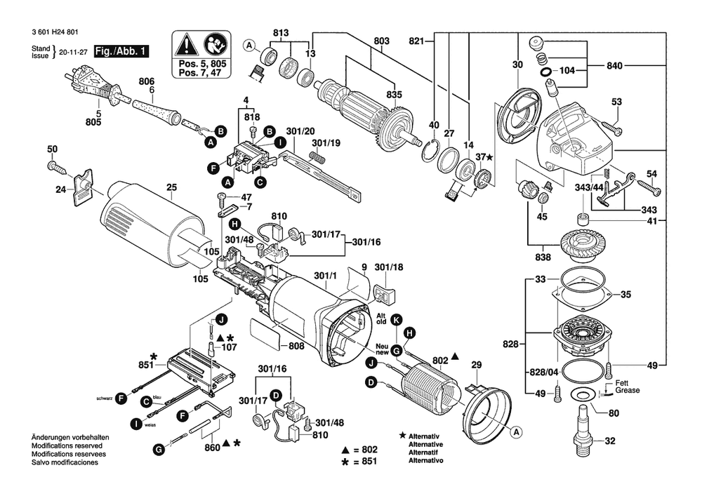 Section 1 Diagram and Parts List for GWS1400 3601H248R1 Bosch Angle Grinder