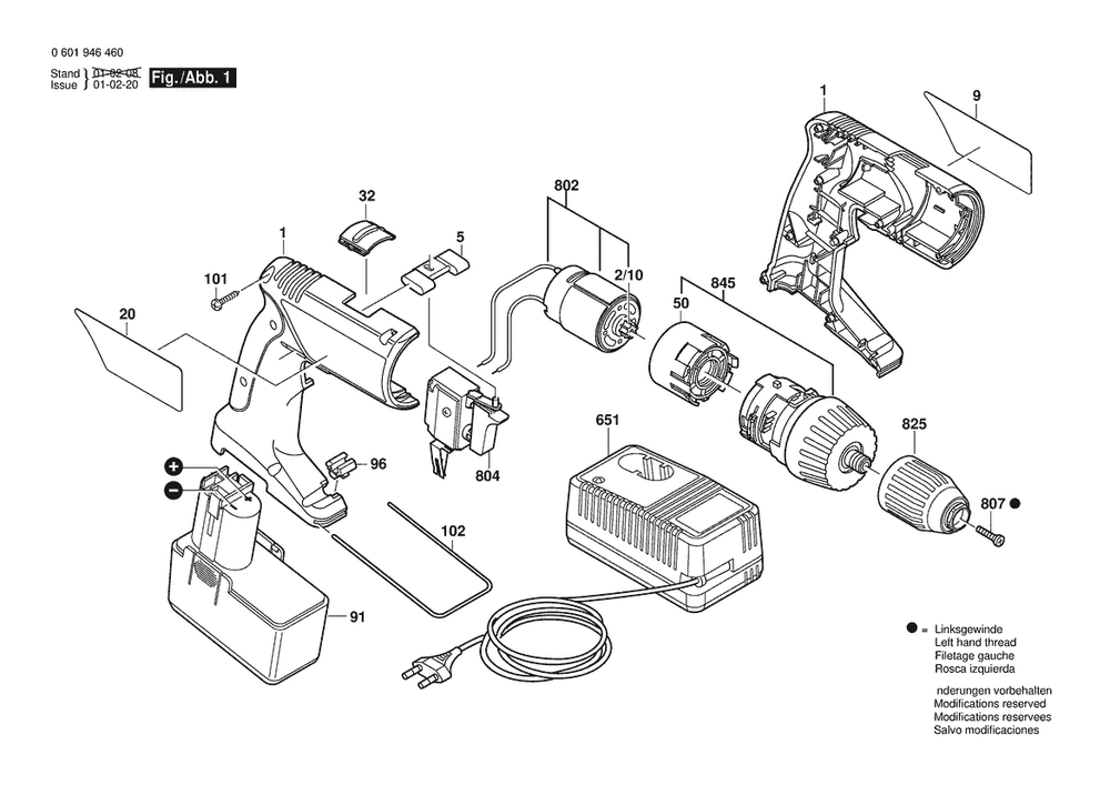 Section 1 Diagram and Parts List for 0601946460  Bosch Cordless Drill