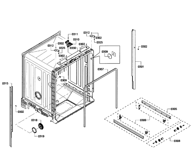 Cabinet Diagram and Parts List for SHE4AM15UC 03 Bosch Dishwasher