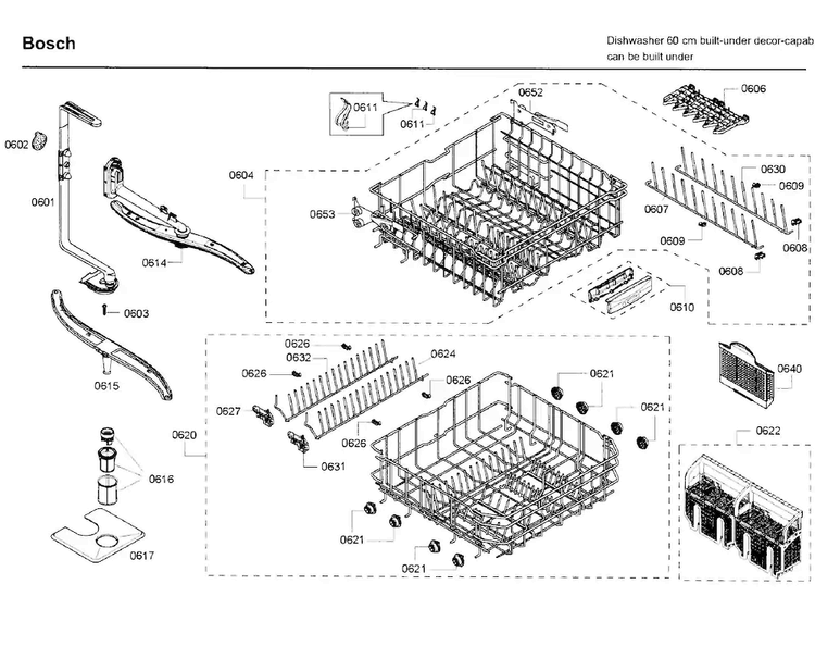 Rack Diagram and Parts List for SHE65P05UC 58 Bosch Dishwasher