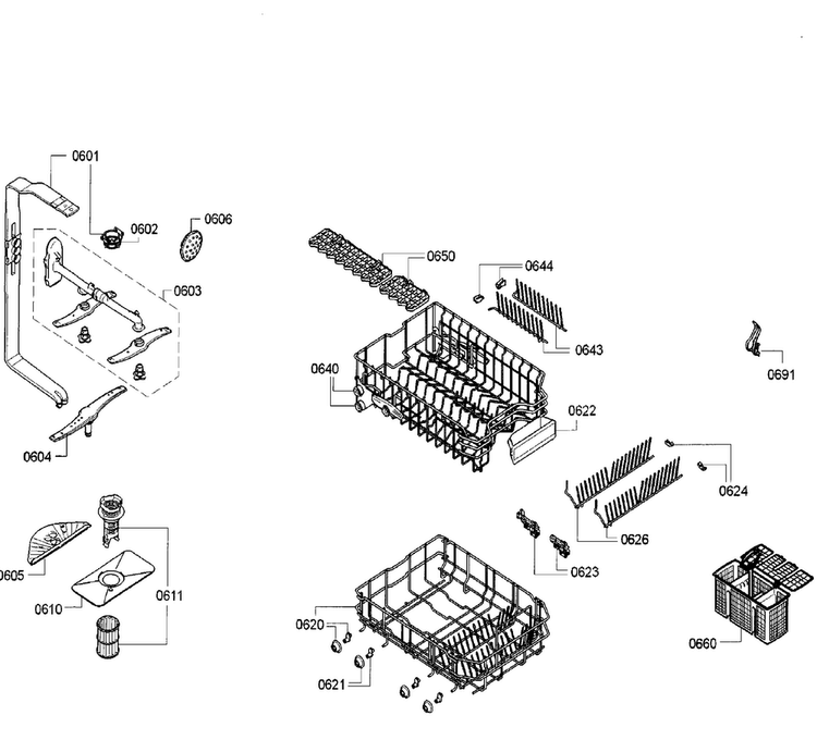 Racks Diagram and Parts List for SPV5ES53UC 28 Bosch Dishwasher