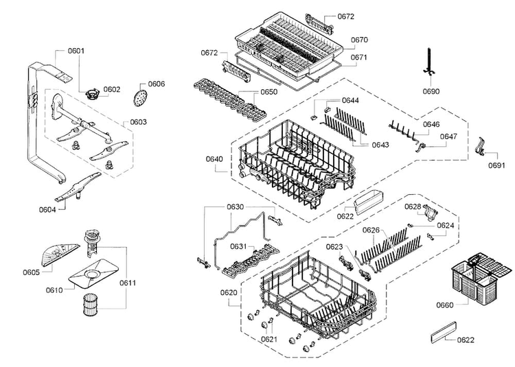 Rack Diagram and Parts List for SPX68U55UC 28 Bosch Dishwasher