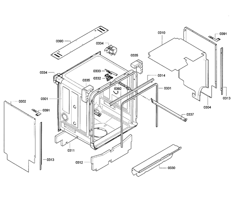 Cabinet Diagram and Parts List for SGE63E05UC 29 Bosch Dishwasher