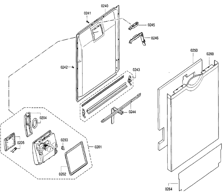 Door Diagram and Parts List for SGE68U55UC B4 Bosch Dishwasher