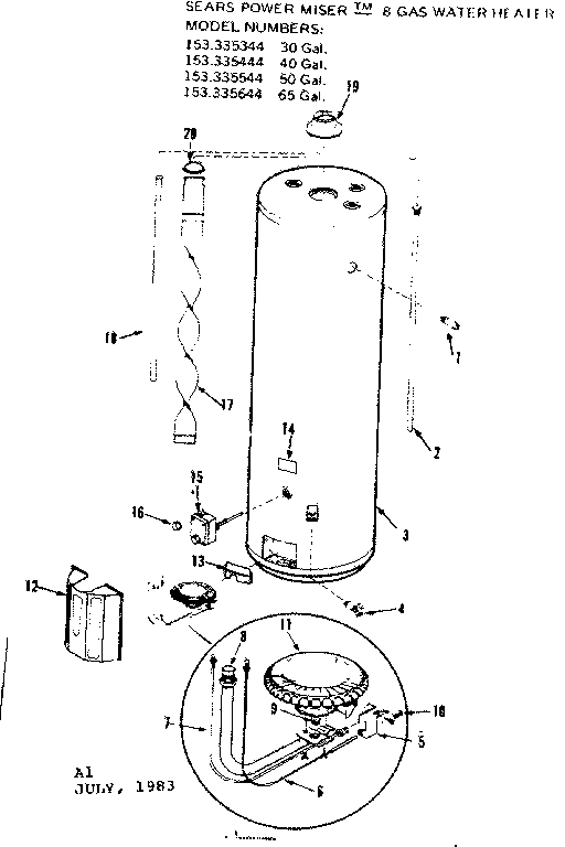 Replacement Parts Diagram and Parts List for 153335544  Kenmore Water Heater
