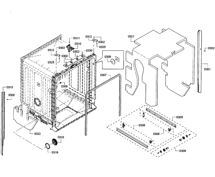 Cabinet Diagram and Parts List for SHX3AR72UC 08 Bosch Dishwasher