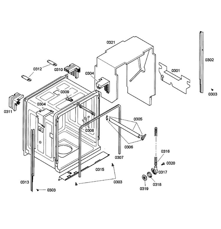Cabinet Diagram and Parts List for SHX43M05UC 52 Bosch Dishwasher