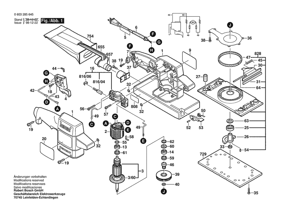 Section 1 Diagram and Parts List for PSS28AE 0603285645 Bosch Orbital or Palm Sander