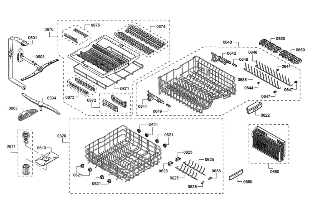 Spray Arm/Racks Diagram and Parts List for SHXM78W55N 10 Bosch Dishwasher