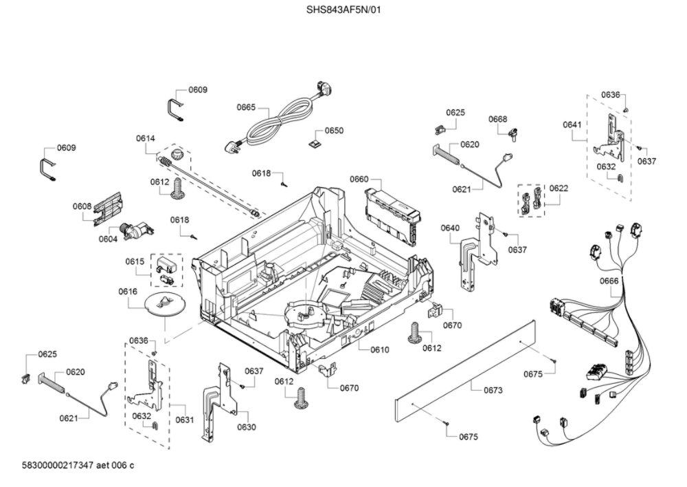 Base/Power Cord Diagram and Parts List for SHS843AF5N 01 Bosch Dishwasher