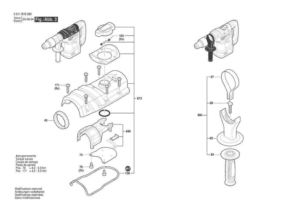 Section 3 Diagram and Parts List for GBH6-42C 3611B780F0 Bosch Hammer Drill