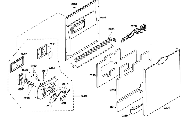 Door Assy Diagram and Parts List for SHE43P05UC 58 Bosch Dishwasher