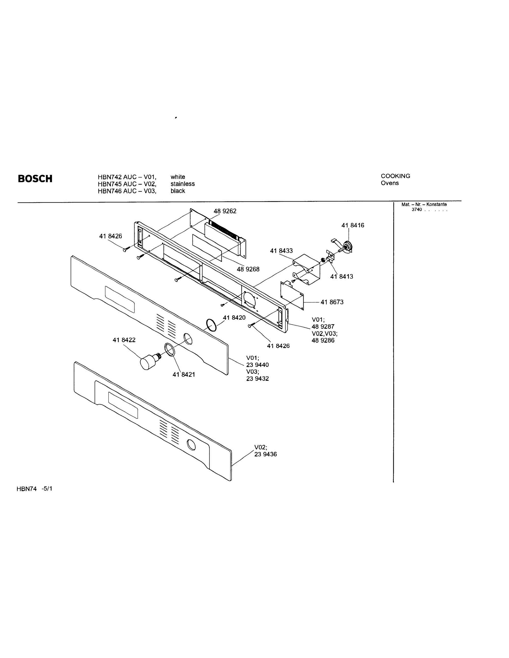 01 - FASCIA PANEL Diagram and Parts List for HBN746AUC(FD8207-)  Bosch Wall Oven