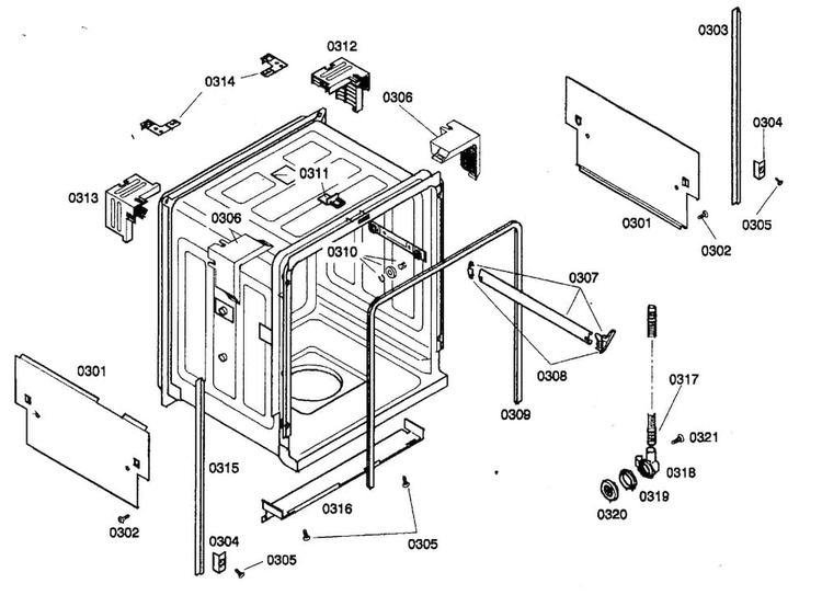 Cabinet Parts Diagram and Parts List for SHE44C07UC 22 Bosch Dishwasher