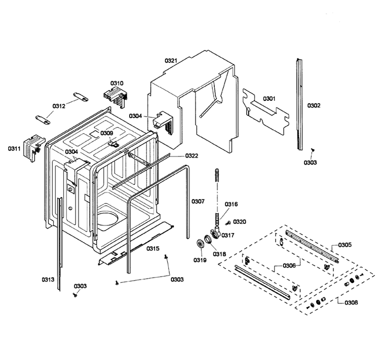 Cabinet Diagram and Parts List for SHE43P15UC 53 Bosch Dishwasher