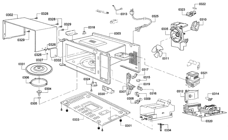 Main Assy Diagram and Parts List for HMB5020 01 Bosch Microwave