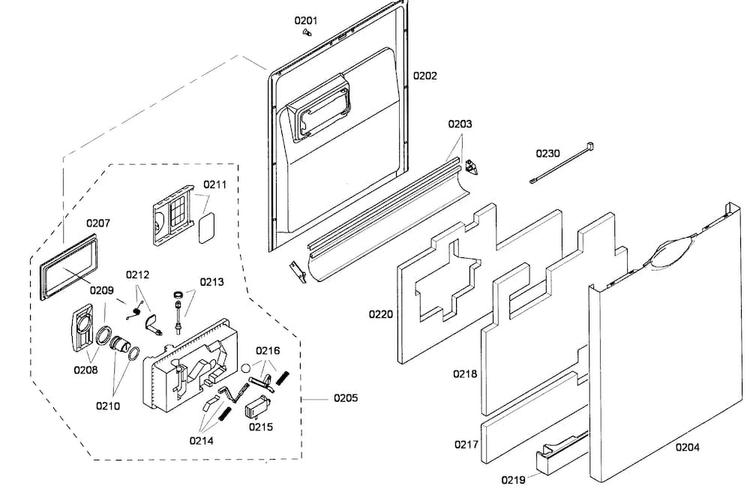 Door Assy Diagram and Parts List for SHE43P05UC 59 Bosch Dishwasher