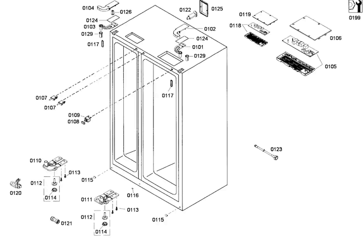 Hinge Assy Diagram and Parts List for B22CS30SNS 01 Bosch Refrigerator