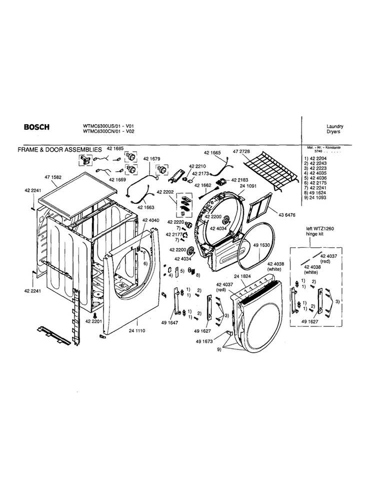 Frame And Door Assemblies Diagram and Parts List for WTMC6300US 01 Bosch Dryer