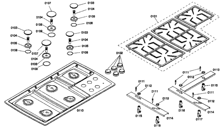 Grille Assy Diagram and Parts List for NGP946UC 01 Bosch Cooktop