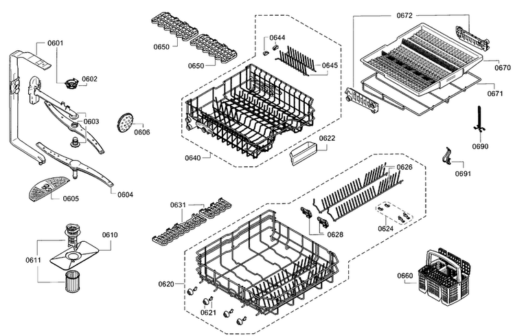 Rack Diagram and Parts List for SGE68U55UC A3 Bosch Dishwasher