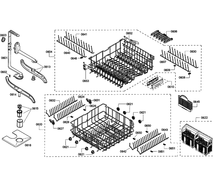 Baskets Diagram and Parts List for SHE55M12UC 57 Bosch Dishwasher